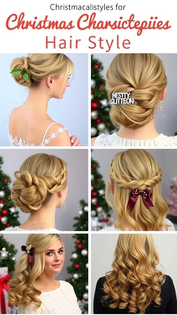 A collection of Christmas hairstyles including an updo, braided crown, messy bun, half-up style, and classic curls against a festive backdrop.